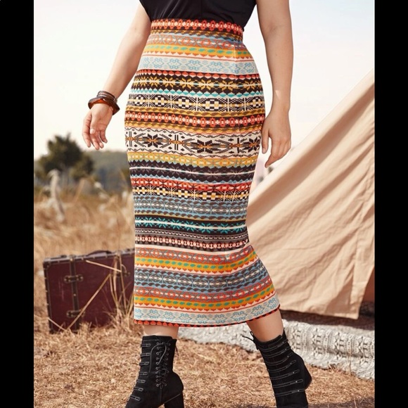 Dresses & Skirts - Boho Plus Size Aztec Geo Print High Waist Pencil Fitted Skirt